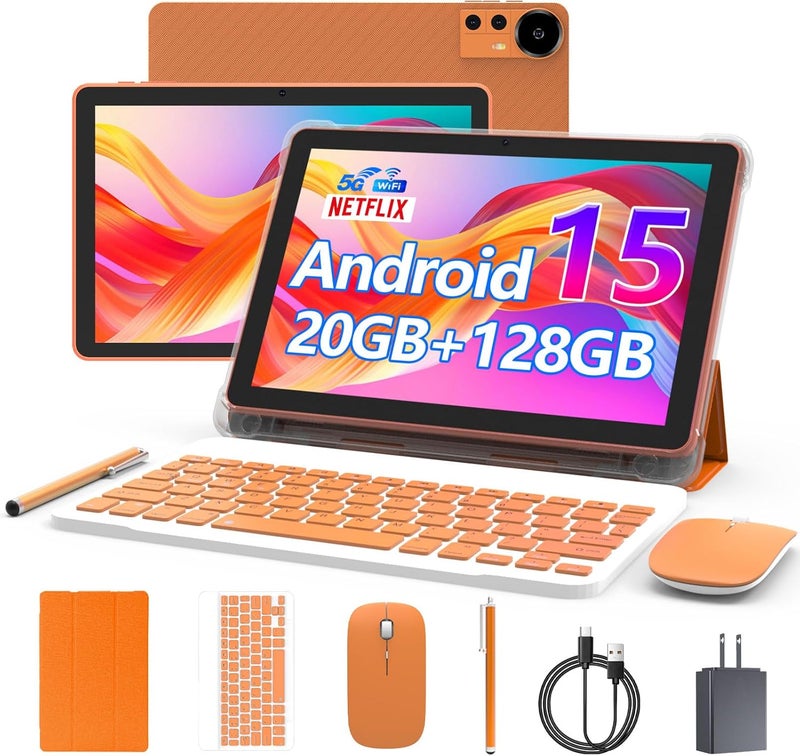 CUPEISI Android 15 Tablet 10 Inch, 20GB RAM+128GB ROM/2TB Expandable, 2.0GHz Quad-core Processor, 1280*800 HD Screen, 5G WiFi6 BT5.0, 2 in 1 Tablets with Keyboard Case Mouse Stylus, Widevine L1 Orange - Image 1